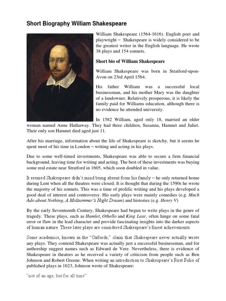 Short Biography William Shakespeare